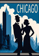 Old Chicago poster featuring a dancing couple on a rooftop and the Willis Tower and Chicago theater in background. Dark blue sky with minimal colors and flat design. Generative AI