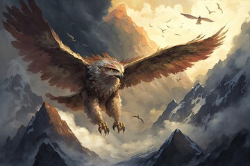 Wall Mural - griffin soaring over mountain range, with storm clouds gathering, created with generative ai