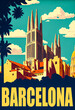 Poster from 1930s of Barcelona with monuments in the background, including the Sagrada Família. Clear blue sky and bright colors with a flat design. Generative AI