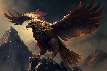 Sticker - griffin soaring over mountain range, its wings spread wide, created with generative ai