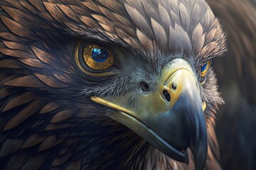 Sticker - close-up of griffin's majestic face, with piercing eyes and sharp beak, created with generative ai