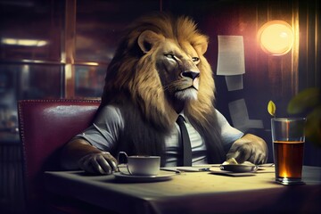 Sticker - lion businessman, sitting at the table of restaurant, enjoying delicious meal, created with generative ai