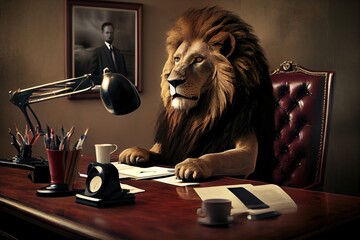 Sticker - lion in suit and tie, sitting behind mahogany desk, taking important call, created with generative ai