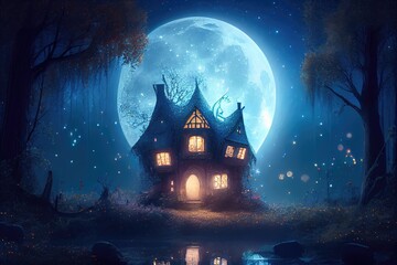 Wall Mural - magical scene, with fairytale house surrounded by mystical lights, and the moon shining above, created with generative ai