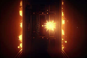 Wall Mural - close-up of door, with lights from inside the house shining through, created with generative ai