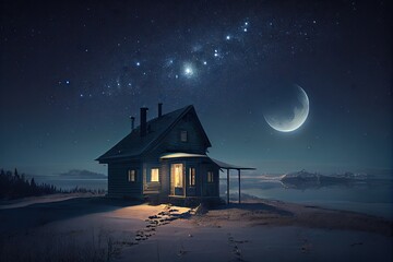 Wall Mural - house, with view of the twinkling stars and moon, on a clear night, created with generative ai