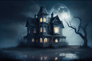 Poster - spooky house with dark windows, surrounded by fog and moonlight, created with generative ai