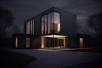 Canvas Print - modern house, with minimalist and sleek exterior, at night, created with generative ai