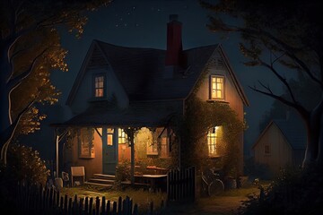 Canvas Print - summer night, with the house lit from within, and warmly inviting, created with generative ai