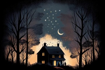 Canvas Print - house, surrounded by moonlight and stars, with silhouetted trees in the background, created with generative ai