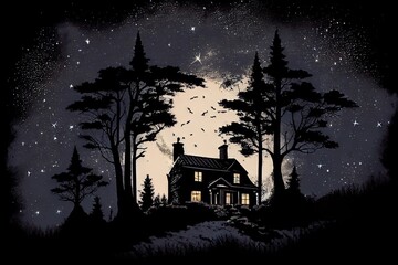 Canvas Print - house, surrounded by moonlight and stars, with silhouetted trees in the background, created with generative ai