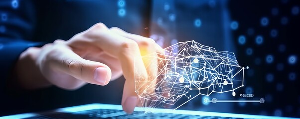 Poster - ai machine learning human fingers tapping ai button in backdrop connected to big data network. techn
