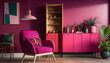 Cabinet in viva magenta living room with red wall and armchair japandi style, generative ai