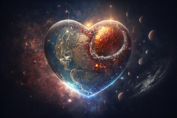 Wall Mural - heart against background of twinkling stars and planets, created with generative ai