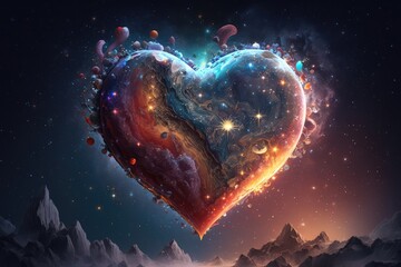 Wall Mural - heart against background of twinkling stars and planets, created with generative ai