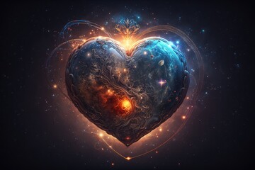 Wall Mural - heart against background of twinkling stars and planets, created with generative ai