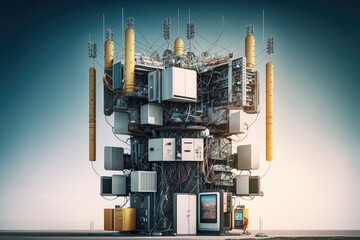 Poster - 5g tower, surrounded by newly laid fiber cables and network equipment, ready to connect remote parts of the world, created with generative ai