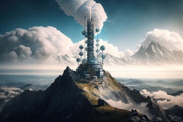 Poster - 5g tower atop a mountain, with scenic view and clouds in the background, created with generative ai