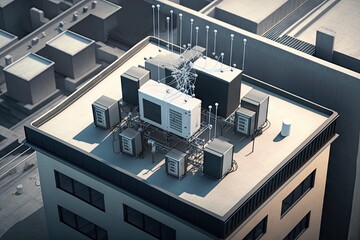 Wall Mural - 5g network being installed on the roof of a building, with cables and antennas visible, created with generative ai