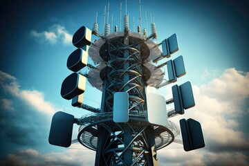 Wall Mural - 5g network tower, with cables and antennas installed, ready to provide high-speed wireless internet to nearby homes and businesses, created with generative ai