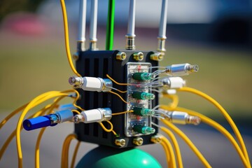 Poster - close-up of 5g antenna, with cables and connectors visible, created with generative ai