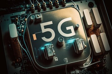 Sticker - close-up of 5g antennas, with high-speed data and voice transmission visible, created with generative ai