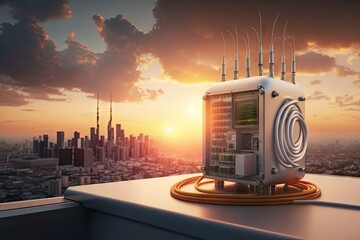 Poster - 5g base station, connected to fiber optic cable and lightning rod, on rooftop of city office building, created with generative ai