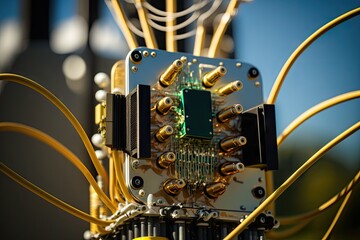 Poster - close-up of 5g antenna, with cables and equipment visible, created with generative ai