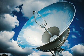 Canvas Print - close-up of satellite dish, with the blue sky and clouds in the background, created with generative ai