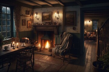 Wall Mural - a cozy country house with a roaring fire, warmly inviting visitors to stay, created with generative ai