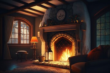 Wall Mural - cozy fireplace with flames and warm light in the country house interior at night, created with generative ai