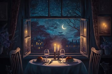 Sticker - a candle-lit dinner for two, with a view of the starry night sky in the country house, created with generative ai