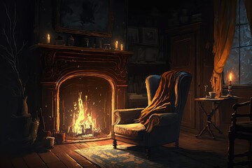 Canvas Print - a cozy sitting room with a crackling fire, the silhouette of the armchair visible against the flames, created with generative ai