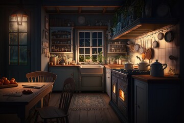 Sticker - nighttime view of a country house kitchen, with the warm glow of lights and the sound of dishes clinking, created with generative ai