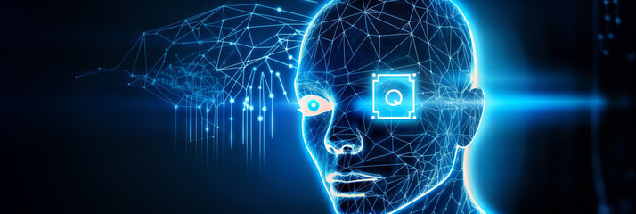Poster - banner for artificial intelligence. web background technology. blue holographic virtual human concep