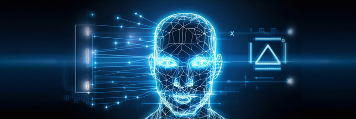 Artificial intelligence banner. Technology web background. Virtual concept human face blue technology hologram. Machine learning cognitive sciences concept. Generative AI