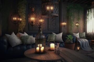 Sticker - the living room, with candles and lanterns illuminating the space and setting a cozy atmosphere, created with generative ai