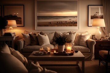 Wall Mural - warm and tranquil living room, with soft candlelight and the sound of gentle waves in the background, created with generative ai