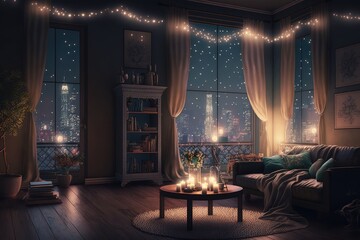 Wall Mural - the living room with a view of the twinkling city lights, captured by candlelight, created with generative ai