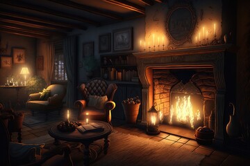 Wall Mural - interior of the living room at nighttime, with warm and cozy atmosphere created by candlelight and fireplace, created with generative ai