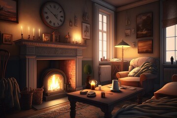 Wall Mural - cozy living room with warm and relaxing atmosphere illuminated by candlelight and the warmth of the fireplace, created with generative ai