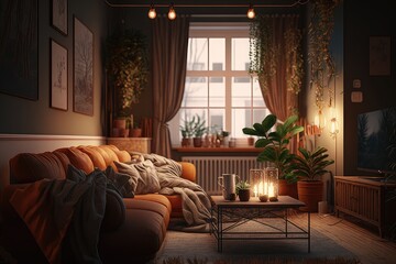 Sticker - cozy living room with soft lighting and warm atmosphere, perfect for relaxing after a long day, created with generative ai