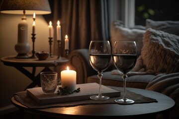 Sticker - a romantic scene with a flickering candle and two glasses of wine on the coffee table, created with generative ai