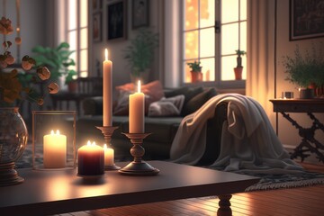 Poster - a serene and tranquil living room, with candles flickering on the tables and soft music playing in the background, created with generative ai