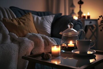 Poster - candlelit living room with fluffy blanket and hot cup of tea for cozy evening in candlelight, created with generative ai