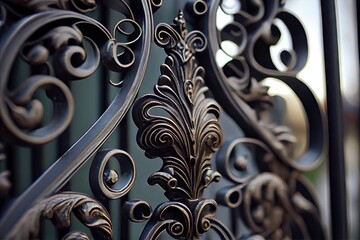 Sticker - close-up of wrought iron gate with ornate details and intricate patterns, created with generative ai