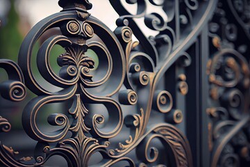 Sticker - close-up of wrought iron gate with ornate details and intricate patterns, created with generative ai