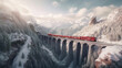 Train moves on railroad bridge in mountain, winter landscape, generative AI