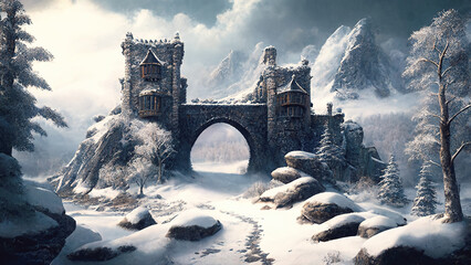 Wall Mural - Castle on mountain in winter, image of snowy forest and citadel like watercolor style, generative AI.