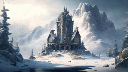 Wall Mural - Castle at mountains in winter, image of snowy forest and citadel like watercolor style, generative AI